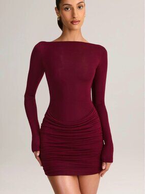 Oh Polly Burgundy Ruched Long Sleeve Mini Dress – NWT